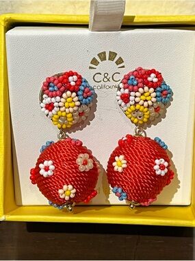 Super Cute Red Beaded 2 inch Gumball Dangle Pierced Earrings, New in Box